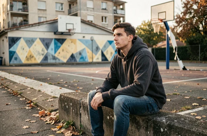 Jeune homme assis sur un muret dans une place publique d'un quartier prioritaire de Blois