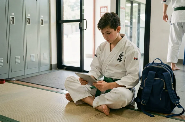 Jeune judoka consultant l'espace en ligne de la FFJDA sur une tablette dans un club de judo après l'entraînement