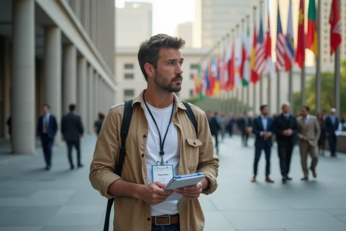 Journaliste de presse internationale devant un bâtiment diplomatique avec drapeaux du monde