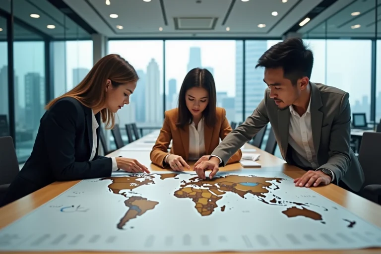 Journalistes et analystes internationaux étudiant une carte du monde dans une salle de rédaction moderne