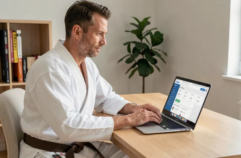Judoka adulte en judogi blanc consultant l'extranet FFJDA sur un ordinateur portable dans un bureau à domicile