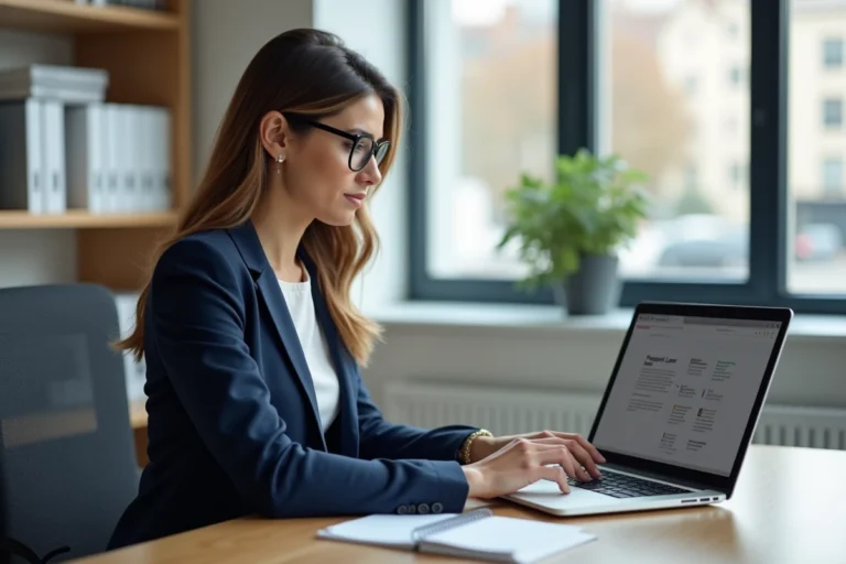 Femme juriste consultant un blog de droit public en ligne sur son ordinateur portable dans un bureau moderne