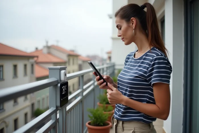Femme lisant la température sur un capteur sans fil fixé à la rambarde d'un balcon urbain moderne