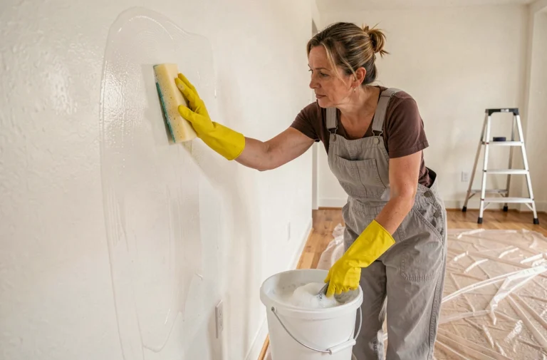 Femme qui lessivie un mur blanc avant peinture avec une éponge et de l'eau savonneuse dans un salon vide