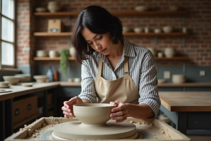 Femme pratiquant la poterie dans un atelier artisanal urbain, les mains dans l'argile sur un tour de potier