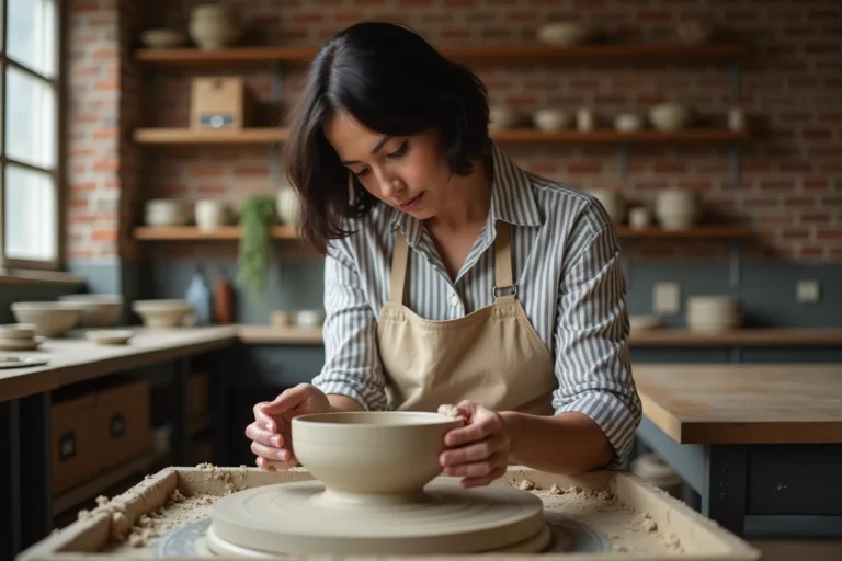 Femme pratiquant la poterie dans un atelier artisanal urbain, les mains dans l'argile sur un tour de potier