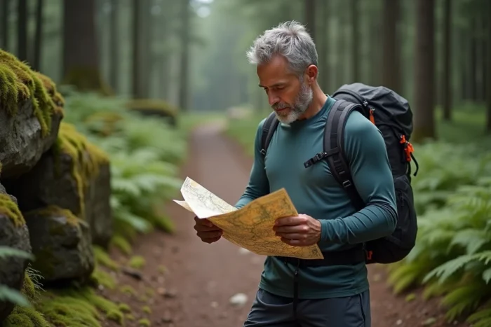 Homme en pleine randonnée pédestre dans une forêt dense consultant une carte topographique sur un sentier naturel