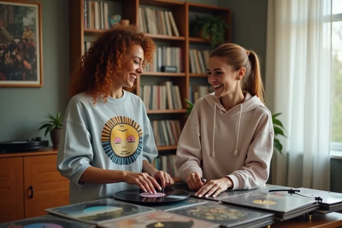 Deux amies découvrant des vinyles et partageant un moment de complicité autour d'une platine rétro dans un appartement chaleureux