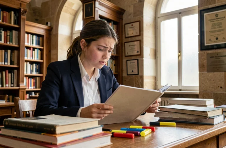 Lycéenne studieuse consultant un dossier d'admission dans une bibliothèque de lycée d'excellence en France