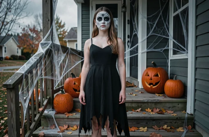 Adolescente en maquillage araignée DIY pour Halloween sur un porche décoré de citrouilles et toiles d'araignée, robe noire déchirée
