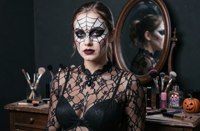Femme avec maquillage araignée Halloween glamour, toile noire peinte sur les joues et œil fumé, en dentelle noire devant un miroir vintage
