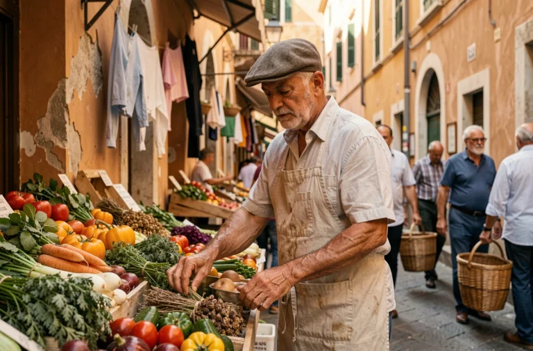 Vendeur local au marché Ballarò de Palerme arrangeant des légumes frais et des herbes séchées dans une ruelle authentique de Sicile