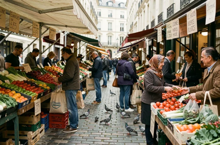 Marché animé dans un quartier populaire de Blois avec étals de légumes et habitants en interaction