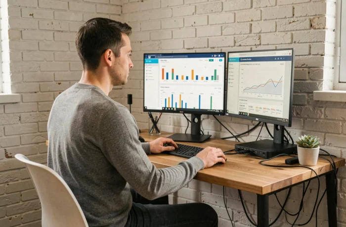 Jeune professionnel du marketing digital travaillant sur des tableaux de bord SEO et réseaux sociaux dans un bureau à domicile moderne