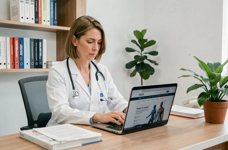 Médecin femme consultant le site msmedical.net sur un ordinateur portable dans un cabinet médical moderne
