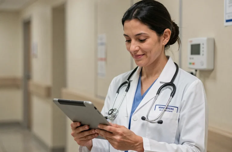 Médecin femme en blouse blanche consultant une tablette médicale dans un couloir d'hôpital moderne