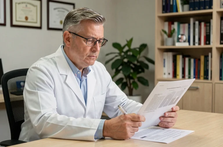 Médecin contrôleur examinant des documents médicaux dans son cabinet professionnel