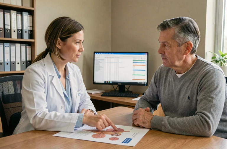 Médecin expliquant un document médical à un patient dans un cabinet de consultation, favorisant une communication claire en santé