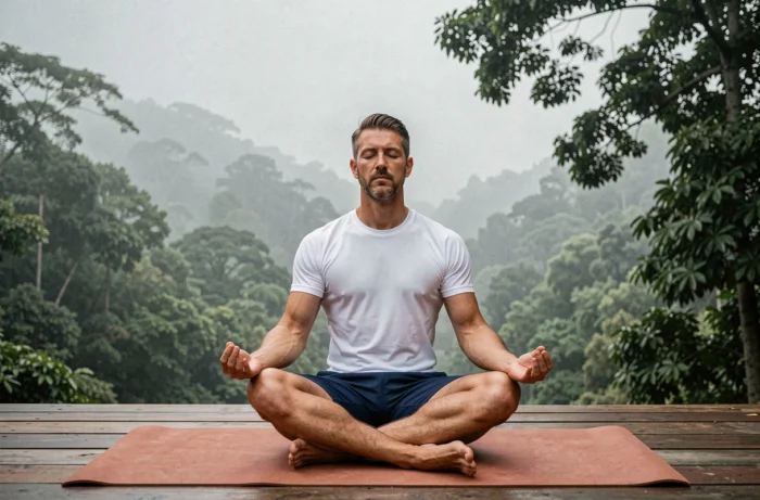 Homme en posture de méditation assise sur une terrasse en bois face à une forêt brumeuse, illustrant les familles de postures assises en yoga