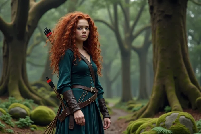 Jeune femme rousse bouclée en robe médiévale teal avec arc et carquois dans une forêt écossaise, évoquant Merida de Brave