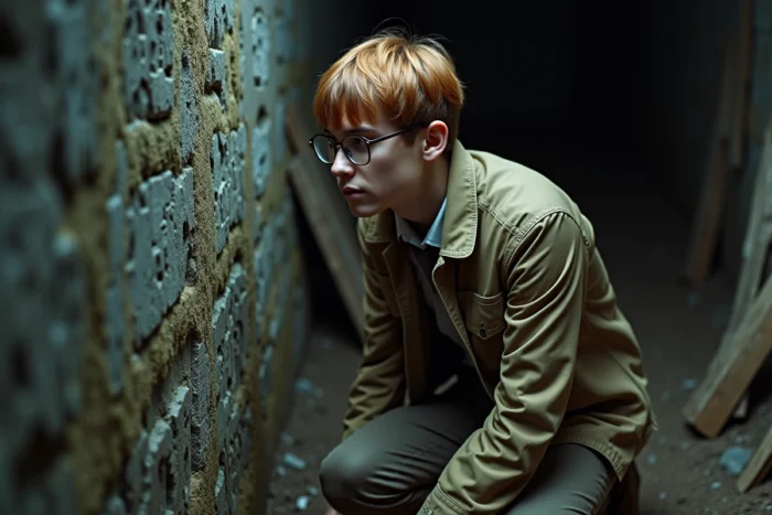 Jeune homme roux à lunettes rondes en veste d'explorateur kaki examinant des glyphes sur une pierre dans une excavation souterraine, évoquant Milo Thatch de l'Atlantide
