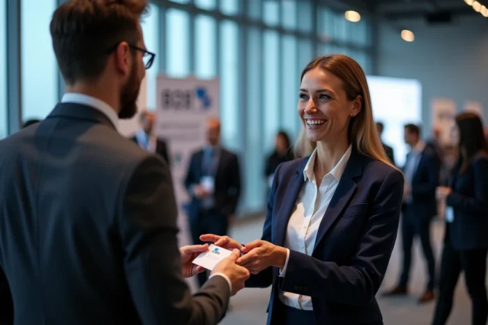 Deux professionnels B2B échangeant des cartes de visite lors d'un événement networking en 2026 dans une salle de conférence moderne