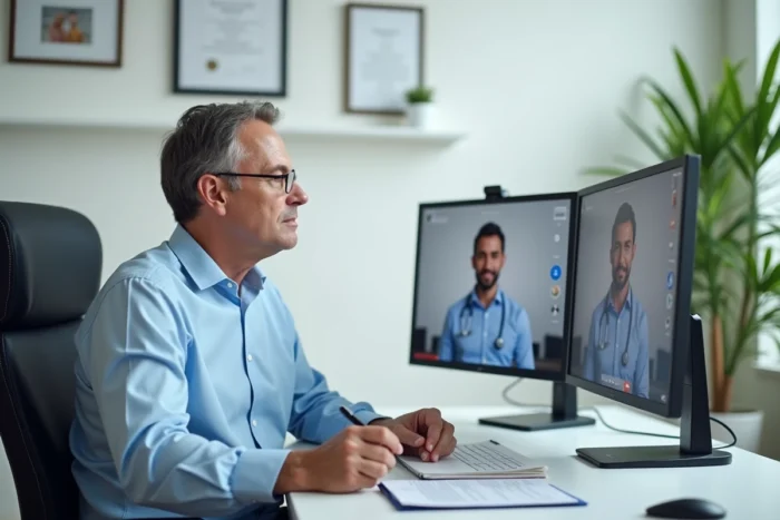 Orthophoniste professionnel conduisant un bilan à distance depuis son cabinet équipé d'un double écran en télésanté