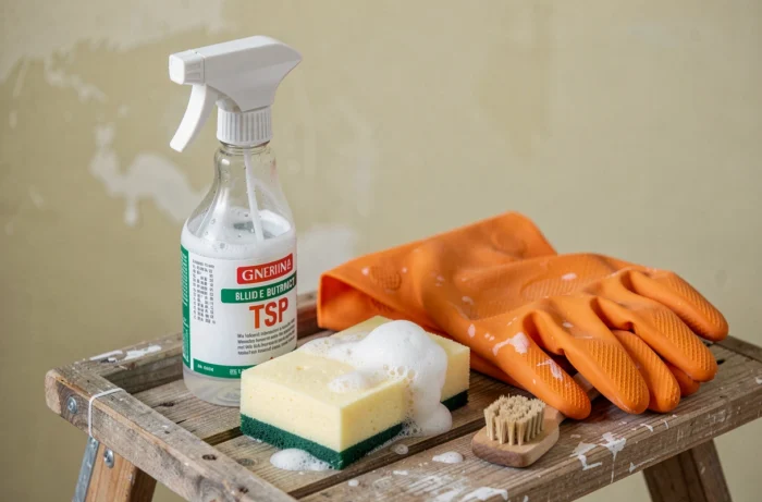 Outils nécessaires pour lessiver un mur avant peinture : éponge, gants en caoutchouc, brosse et spray nettoyant posés sur un escabeau