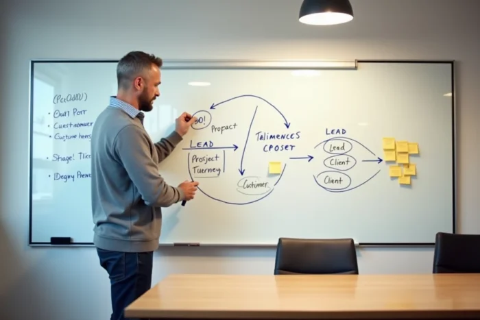 Responsable marketing présentant un parcours client et la définition d'un prospect sur un tableau blanc