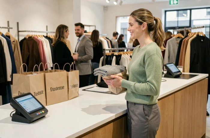 Femme souriante passant en caisse dans un magasin de vêtements tendance en Belgique avec ses achats