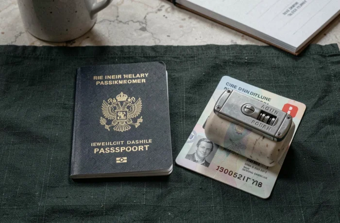 Passeport, copie de document d'identité et boîte à serrure posés sur une surface en lin sombre pour illustrer la sécurisation des documents importants