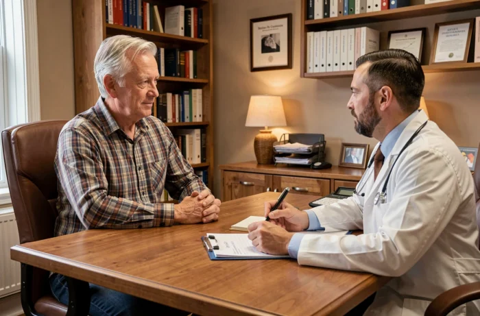 Patient en consultation chez un médecin généraliste dans un cabinet médical chaleureux et bien équipé