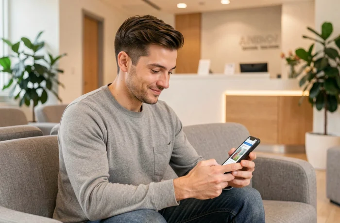Patient consultant les services médicaux en ligne sur son smartphone dans une salle d'attente de clinique