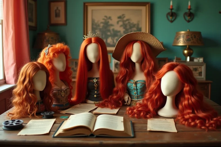 Collage de costumes et accessoires évoquant les personnages Disney aux cheveux roux, disposés sur une table en bois avec des perruques rousses et des pages de livres d'animation vintage