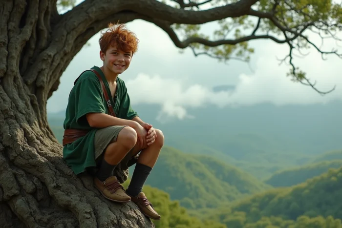 Adolescent roux espiègle en tunique verte perché sur une branche d'arbre avec un vaste paysage de nuages en arrière-plan, évoquant Peter Pan