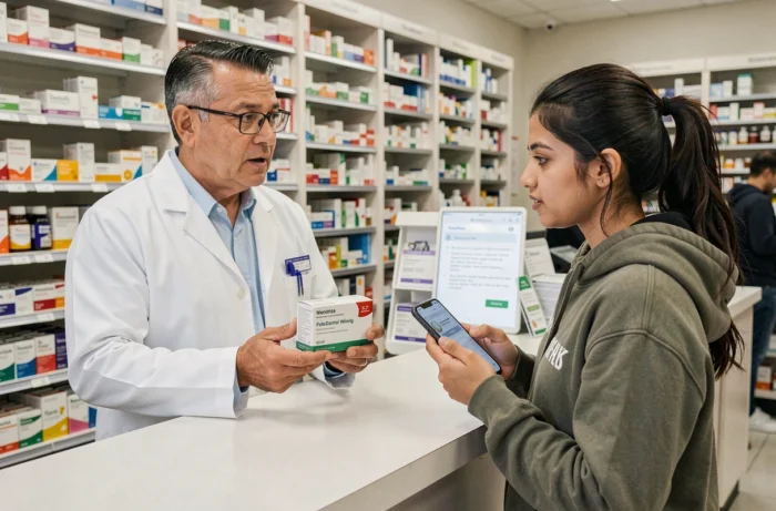 Pharmacien expliquant les instructions d'un médicament à une patiente au comptoir d'une pharmacie
