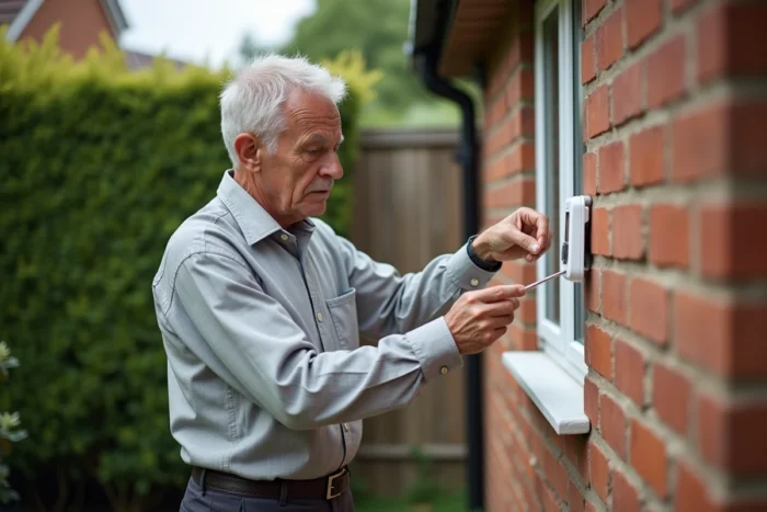 Homme fixant un thermomètre extérieur numérique sur un mur en briques à l'ombre, dans un jardin résidentiel