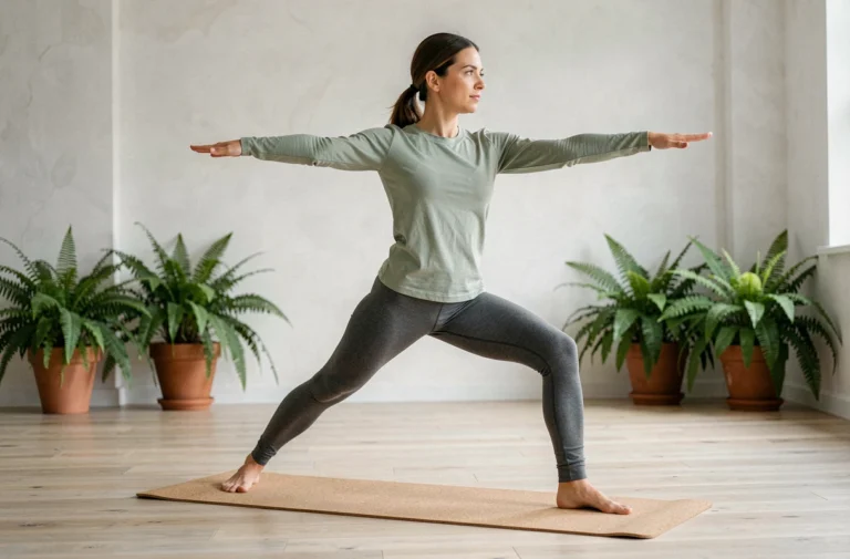 Femme pratiquant la posture du Guerrier II sur un tapis en liège dans un studio de yoga minimaliste aux murs blancs et parquet bois clair