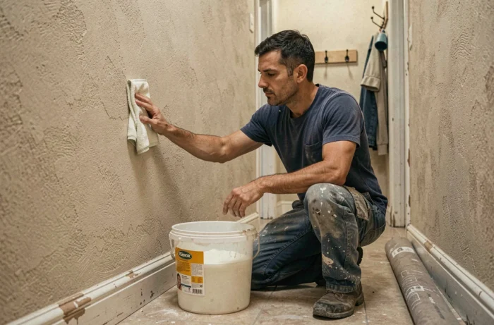 Homme en train de préparer un mur de couloir texturé avec un chiffon microfibre et une solution nettoyante avant application de peinture