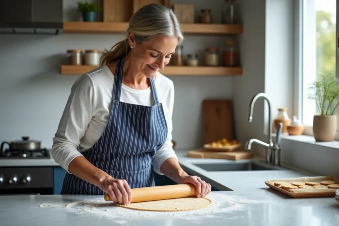 Femme en tablier préparant la pâte à craquelins bretons sur un plan de travail en marbre dans une cuisine moderne