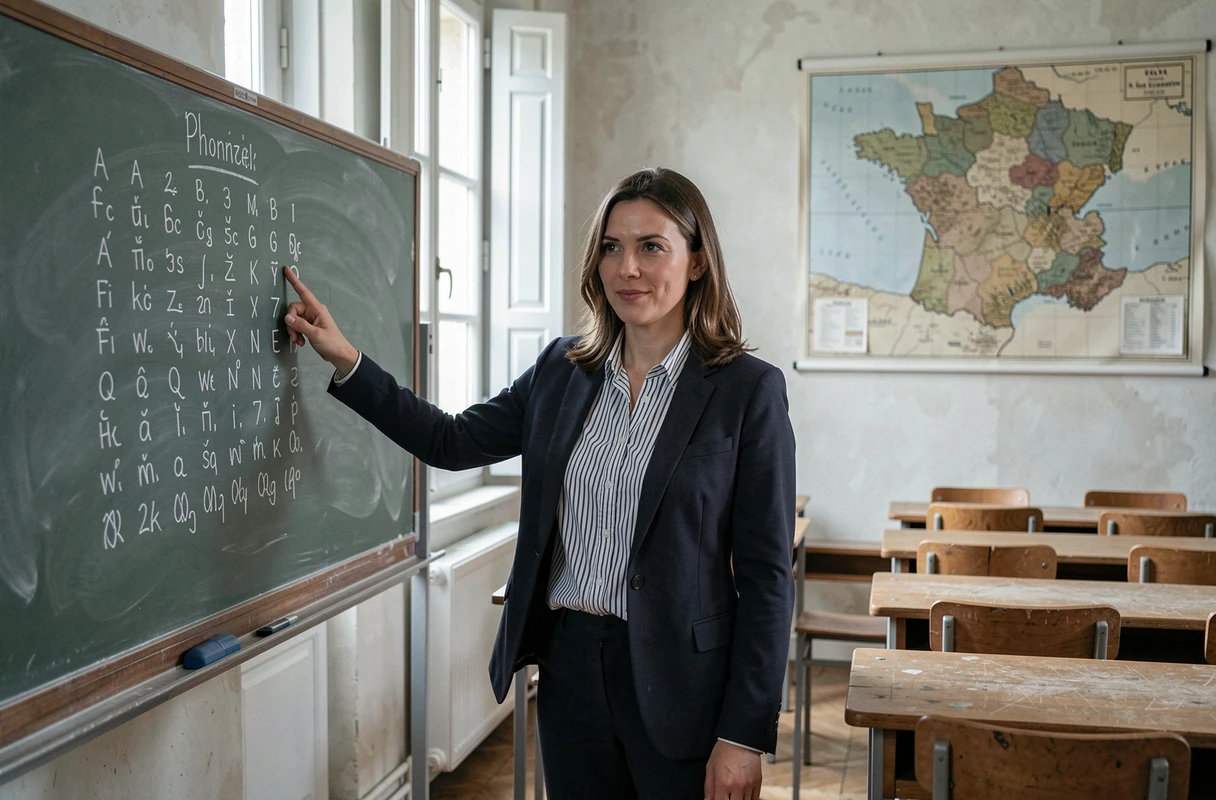 Professeure de français en classe devant un tableau noir avec alphabet phonétique, évoquant l'enseignement du français standard