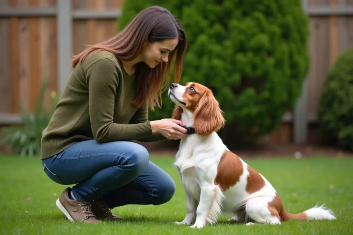 Propriétaire ajustant un collier anti-aboiement sur son cavalier King Charles dans un jardin