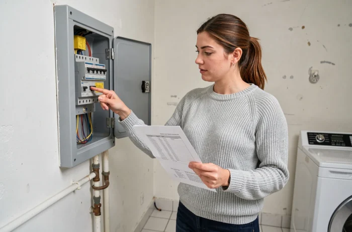 Propriétaire consultant une facture de raccordement électrique devant un tableau de disjoncteurs