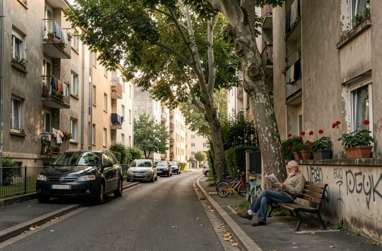 Rue calme d'un quartier prioritaire de Blois avec immeubles en béton, balcons et végétation urbaine
