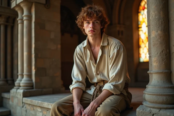 Jeune homme roux aux yeux doux assis dans une cathédrale gothique avec des vitraux colorés, évoquant Quasimodo de Notre-Dame de Paris
