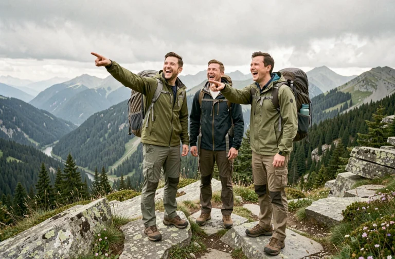 Groupe d'amis en randonnée contemplant un panorama de montagne lors d'une excursion en plein air