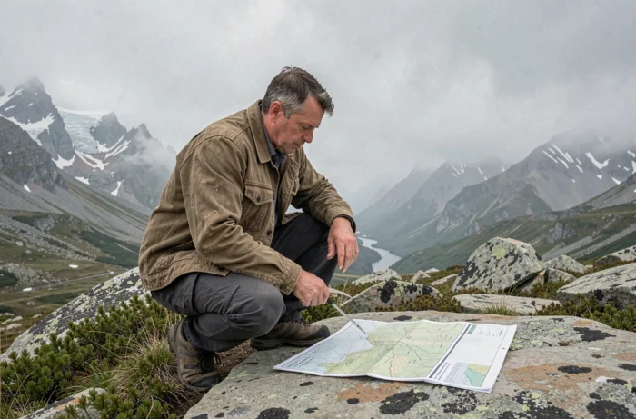 Randonneur masculin étudiant une carte topographique au bord d'une vallée montagneuse brumeuse lors d'une expédition en altitude