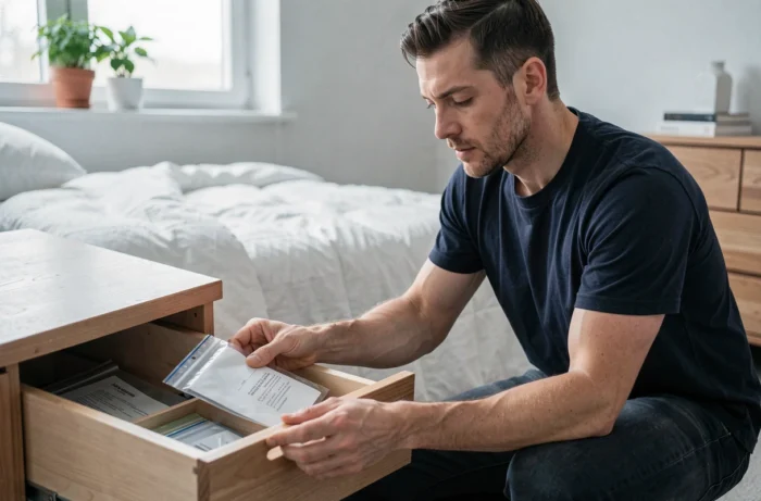 Homme plaçant une enveloppe de documents imperméable avec son passeport dans un tiroir de chambre organisé