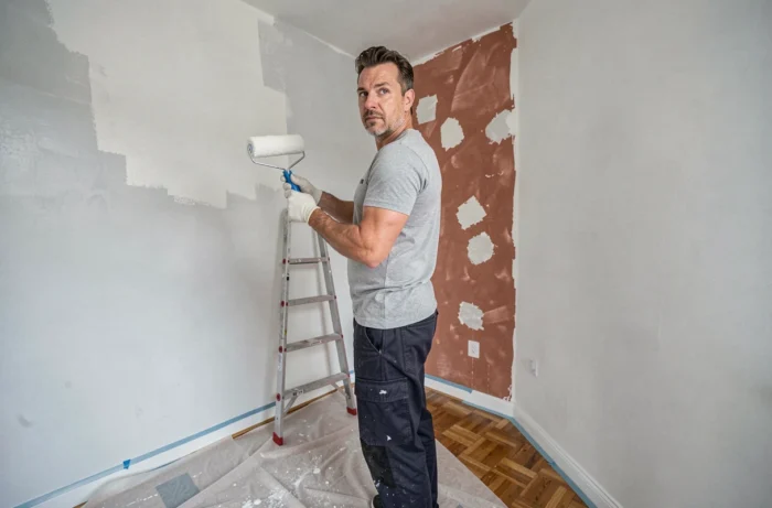 Homme repeignant les murs d'un appartement en blanc pour préparer la mise en vente du bien
