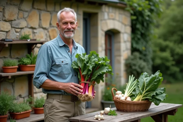 Jardinier tenant une botte de blettes arc-en-ciel fraîchement récoltées avec des plantes compagnes dans un potager traditionnel